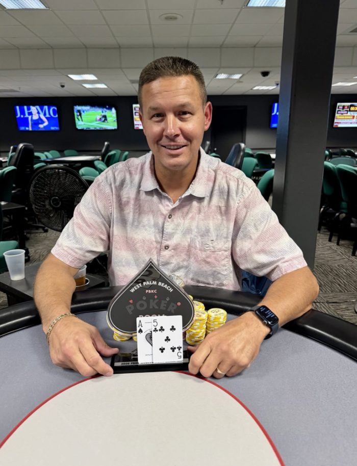 Jeff Denney with the PBKC September Monster trophy and his winning ace-five of clubs
